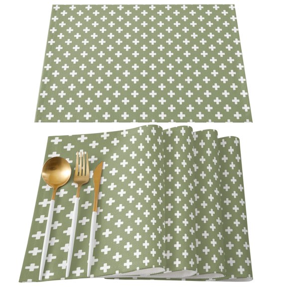Placemats Set of 4, Green Crosses Motifs Place Mats Plus Sign Icons Linen Tablemats Washable Placemat Table Decoration for Kitchen Table Dinner Party Home Decor Indoor Outdoor 13x19 Inch