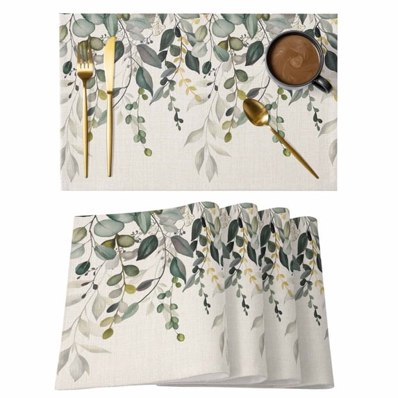 Placemats Set of 4, Green Eucalyptus Woven Placemat, Linen Place Mats for Kitchen/Dining Tables, Farmhouse Weeping Leaves on Linen Washable Table Mats for Party