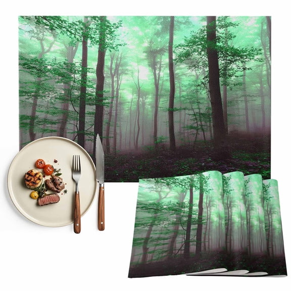 Placemats Set of 4, Green Foggy Forest Place Mats Misty Forest Trees Nature Tablemats Washable Placemat Table Decoration for Kitchen Table Dinner Party Home Decor Indoor Outdoor 13x19 Inch
