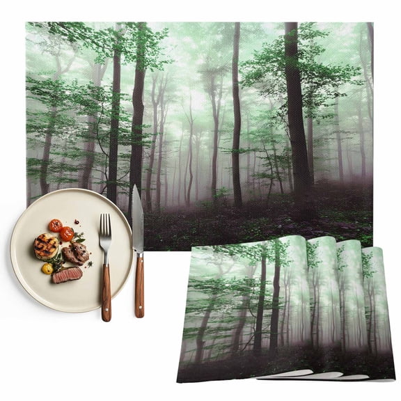 Placemats Set of 4, Green Forest Place Mats Misty Forest Trees Nature Landscape Tablemats Washable Placemat Table Decoration for Kitchen Table Dinner Party Home Decor Indoor Outdoor 13x19 Inch