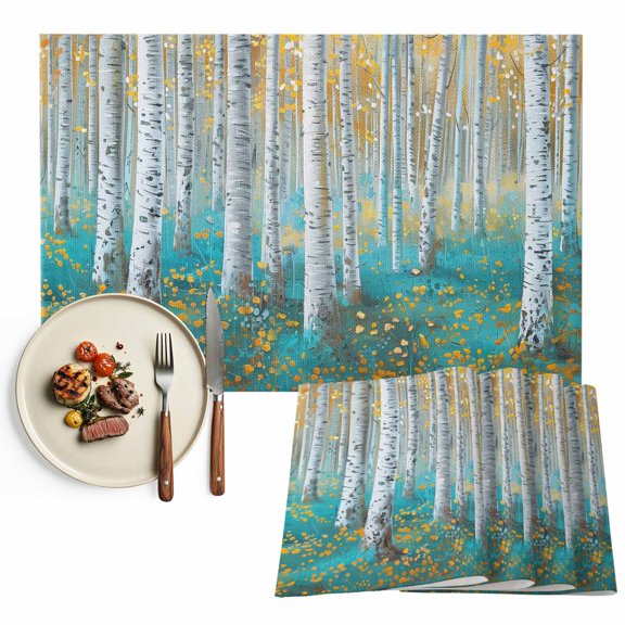 Placemats Set of 4, Green Forest Plant Place Mats Tree Illustration Yellow Tablemats Washable Placemat Table Decoration for Kitchen Table Dinner Party Home Decor Indoor Outdoor 13x19 Inch