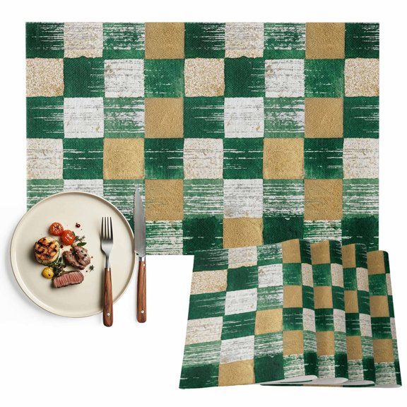 Placemats Set of 4, Green Gold Squares Block Place Mats Geometric Checkerboard Tablemats Washable Placemat Table Decoration for Kitchen Table Dinner Party Home Decor Indoor Outdoor 13x19 Inch