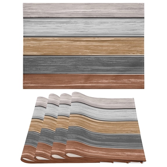 Placemats Set of 4, Grey Brown Retro Wood Stripes Non Slip Heat Resistant Thick Linen Fabric Cloth Place Mats, Square Washable Holiday Party Dining Table Mat for Rustic Farmhouse Home Kitchen Decor
