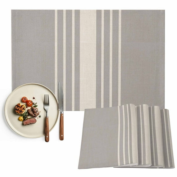 Placemats Set of 4, Grey Vertical Stripes Placemats Set of 4, Classic Striped Linen Tablemats Washable Placemat Table Decoration for Kitchen Table Dinner Party Home Decor Indoor Outdoor 13x19 Inch
