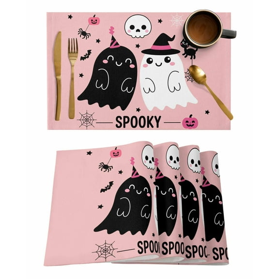 Placemats Set of 4 Halloween Cute Pink Black Spooky Ghost Skeleton Bug Cowweb Heat Insulation Washable Place Mats, Rustic Non-Slip Table Mats for Dining Table Party Kitchen Decor,13x19 Inch