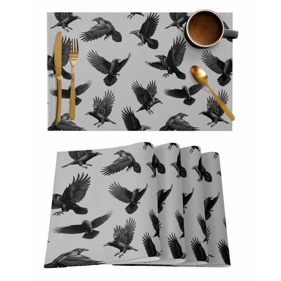 Placemats Set of 4, Halloween Woven Placemat, Linen Place Mats for Kitchen/Dining Tables, Grey Black Animal Crow Fall Holiday Washable Table Mats for Party