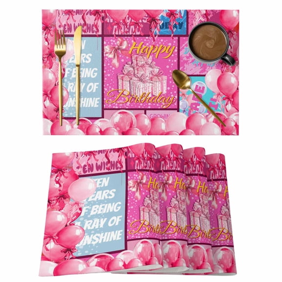Placemats Set of 4, Happy Birthday Woven Placemat, Linen Place Mats for Kitchen/Dining Tables, Pink Balloons Bows Polka Dot Cakes Washable Table Mats for Party