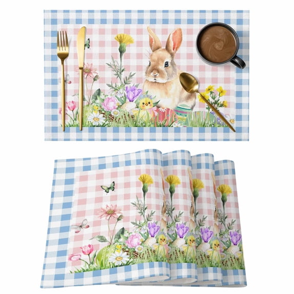 Placemats Set of 4, Happy Easter Bunny Woven Placemat, Linen Place Mats for Kitchen/Dining Tables, Spring Floral Pink Blue Plaid Washable Table Mats for Party