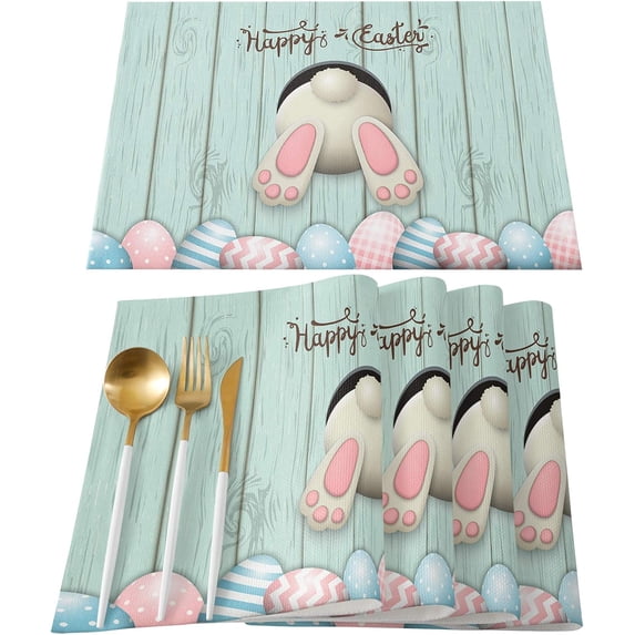 Placemats Set of 4, Happy Easter Egg Bunny Tails in Hole Rustic Blue Wood Washable Burlap & Cotton Placemats for Kitchen Dining Table Holiday Home Decoration