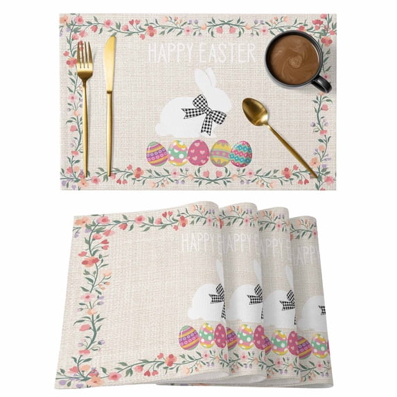 Placemats Set of 4, Happy Easter Woven Placemat, Linen Place Mats for Kitchen/Dining Tables, Bow Bunny Colorful Eggs Flowers Vines Washable Table Mats for Party