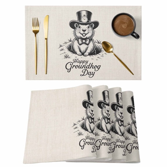 Placemats Set of 4, Happy Groundhog Woven Placemat, Linen Place Mats for Kitchen/Dining Tables, Spring Vintage Groundhog Line Art Washable Table Mats for Party