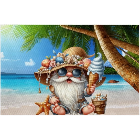 Placemats Set of 4 Heat-Resistant Rectangle Place Mats Beach Palm Gnomes Cute Washable Plastic PVC Dining Table Mat Non-Slip Wipeable Woven Vinyl Placemat for Kitchen Patio Table Decor
