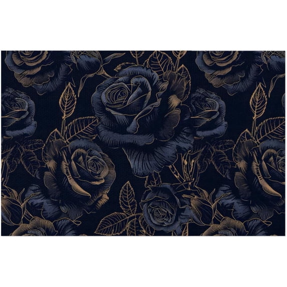 Placemats Set of 4 Heat-Resistant Rectangle Place Mats Black Flower Rose Washable Plastic PVC Dining Table Mat Non-Slip Wipeable Woven Vinyl Placemat for Kitchen Patio Table Decor