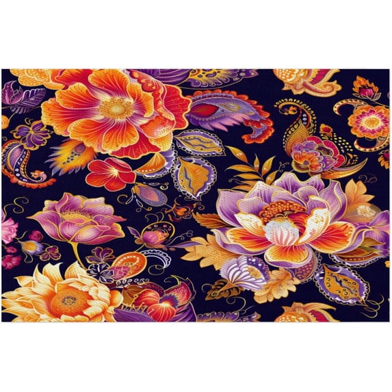 Placemats Set of 4 Heat-Resistant Rectangle Place Mats Ethnic Boho Flower Washable Plastic PVC Dining Table Mat Non-Slip Wipeable Woven Vinyl Placemat for Kitchen Patio Table Decor