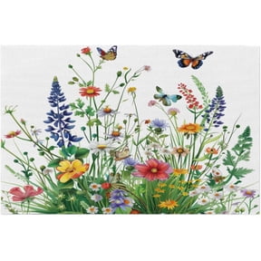 Placemats Set of 4 Heat-Resistant Rectangle Place Mats Grass Flower Floral Washable Plastic PVC Dining Table Mat Non-Slip Wipeable Woven Vinyl Placemat for Kitchen Patio Table Decor