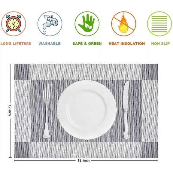 Placemats Set of 4, Heat-Resistant Woven Vinyl Placemat, Non-Slip Washable PVC Table Mat, Easy to Clean Premium Plastic Table Mats for Dining Table, Gray