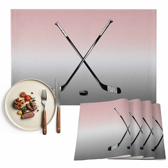 Placemats Set of 4, Hockey Player Place Mats Sports Ground Ombre Grey Pink Tablemats Washable Placemat Table Decoration for Kitchen Table Dinner Party Home Decor Indoor Outdoor 13x19 Inch