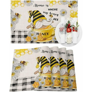 Placemats Set of 4 Honey Bee Place Mats for Dining Table Heat-Resistant Non-Slip Washable Gnome Black Buffalo Plaid Rustic Table Mat for Dining Room, Kitchen, Home Decoration