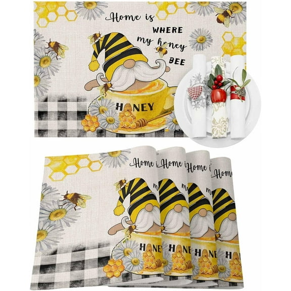 Placemats Set of 4 Honey Bee Place Mats for Dining Table Heat-Resistant Non-Slip Washable Gnome Black Buffalo Plaid Rustic Table Mat for Dining Room, Kitchen, Home Decoration