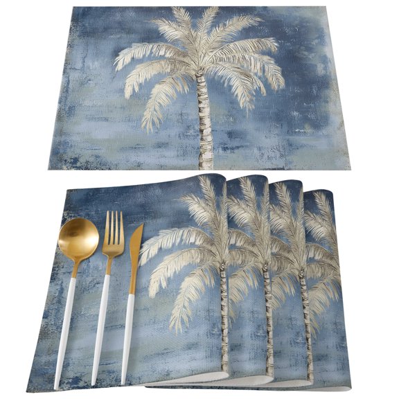 Placemats Set of 4, Indigo Palm Tree Place Mats Summer Tropical Jungle Linen Tablemats Washable Placemat Table Decoration for Kitchen Table Dinner Party Home Decor Indoor Outdoor 13x19 Inch