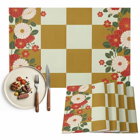 Placemats Set of 4, Japanese Style Flowers Place Mats Harmony Yellow Buffalo Plaid Tablemats Washable Placemat Table Decoration for Kitchen Table Dinner Party Home Decor Indoor Outdoor 13x19 Inch