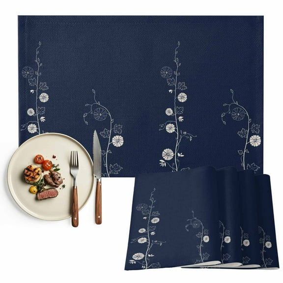 Placemats Set of 4, Japanese Style Flowers Place Mats Solid Color Navy Blue Tablemats Washable Placemat Table Decoration for Kitchen Table Dinner Party Home Decor Indoor Outdoor 13x19 Inch