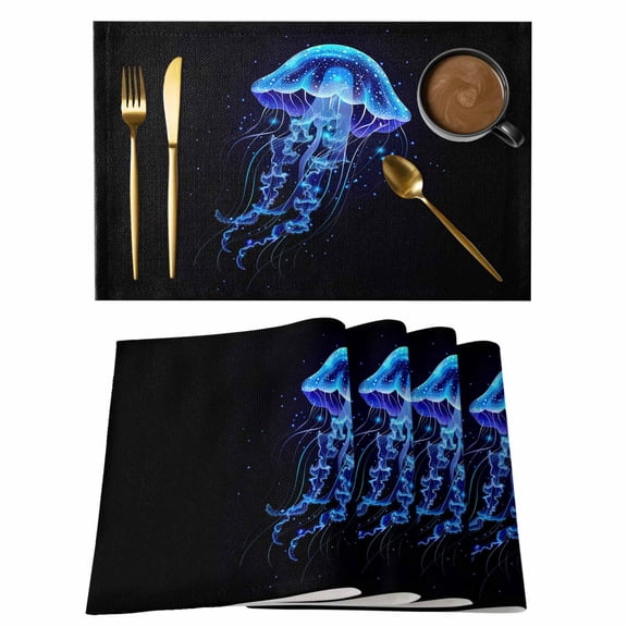 Placemats Set of 4 Jellyfish Non-Slip Place Mat Blue Ocean Marine Life Table Mats Washable Stain-Resistant Tablemats for Party/Dining Room/Kitchen Decorations