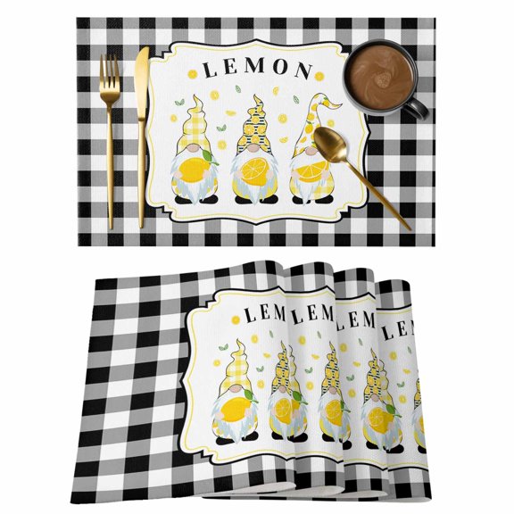 Placemats Set of 4 Lemon Gnome Summer Fruit Plant Non-Slip Place Mat Buffalo Check Plaid Table Mats Washable Stain-Resistant Tablemats for Party/Dining Room/Kitchen Decorations