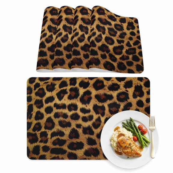 Placemats Set of 4, Leopard Print Sexy Wild Faux Leather Placemat Waterproof Oil-Proof Wipeable Table Mats 12x18in, Vintage Brown Washable Place Mats for Kitchen Dining Table Party Outdoor
