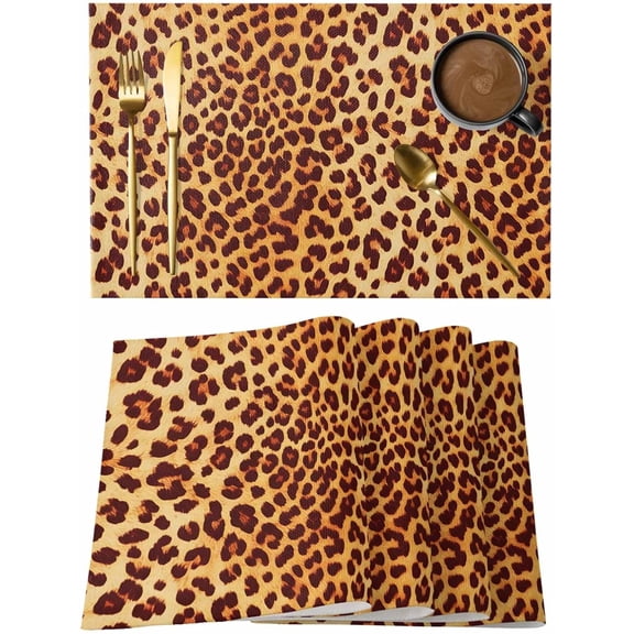 Placemats Set of 4, Leopard Texture Print Washable Wipeable Table Mats for Dining Tables, Orange Yellow Retro Farmhouse Indoor Outdoor Waterproof Kitchen Place Mats for Holiday Table Decor
