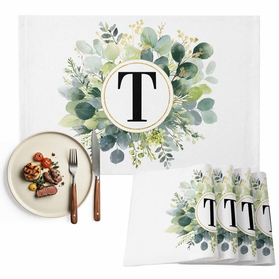 Placemats Set of 4, Letter T Place Mats Alphabet Green Eucalyptus Leaves Tablemats Washable Placemat Table Decoration for Kitchen Table Dinner Party Home Decor Indoor Outdoor 13x19 Inch