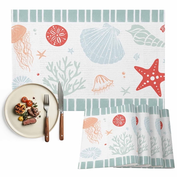 Placemats Set of 4, Light Green Stripes Shell Placemats Set of 4, Ocean Starfish Jellyfish Coral Tablemats Placemat Table Decoration for Kitchen Table Dinner Party Home Decor Indoor Outdoor