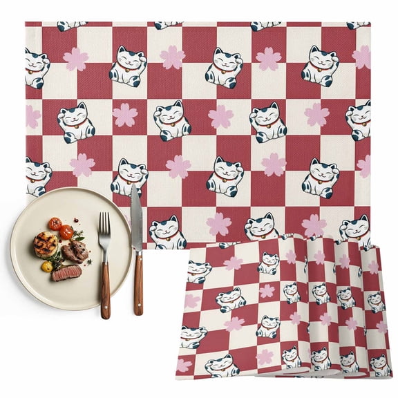 Placemats Set of 4, Lucky Cat Place Mats Cherry Blossoms Red Buffalo Plaid Tablemats Washable Placemat Table Decoration for Kitchen Table Dinner Party Home Decor Indoor Outdoor 13x19 Inch