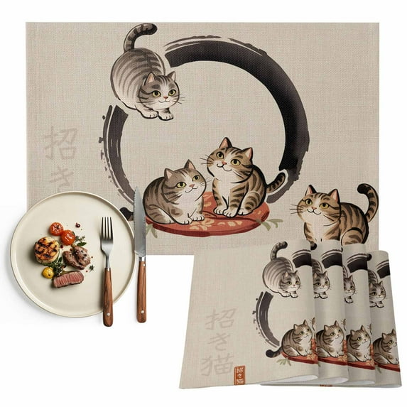 Placemats Set of 4, Lucky Cat Place Mats Cute Japanese Style Linen Tablemats Washable Placemat Table Decoration for Kitchen Table Dinner Party Home Decor Indoor Outdoor 13x19 Inch