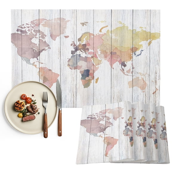 Placemats Set of 4, Maps Of The World Place Mats Earth Tourism Wood Grain Tablemats Washable Placemat Table Decoration for Kitchen Table Dinner Party Home Decor Indoor Outdoor 13x19 Inch