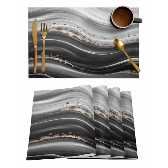 Placemats Set of 4, Marble Woven Placemat, Linen Place Mats for Kitchen/Dining Tables, Black Grey Oil Painting Gradient Mottled Waves Washable Table Mats for Party