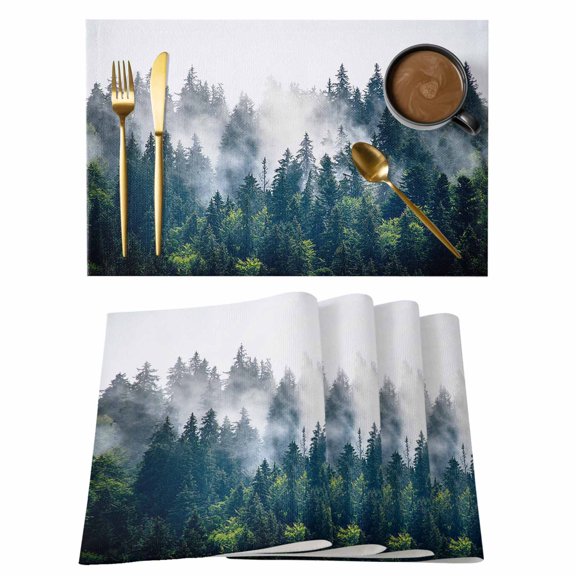 Placemats Set of 4 Misty Forest Non-Slip Place Mat Green Trees Mountain Landscape Table Mats Washable Stain-Resistant Tablemats for Party/Dining Room/Kitchen Decorations
