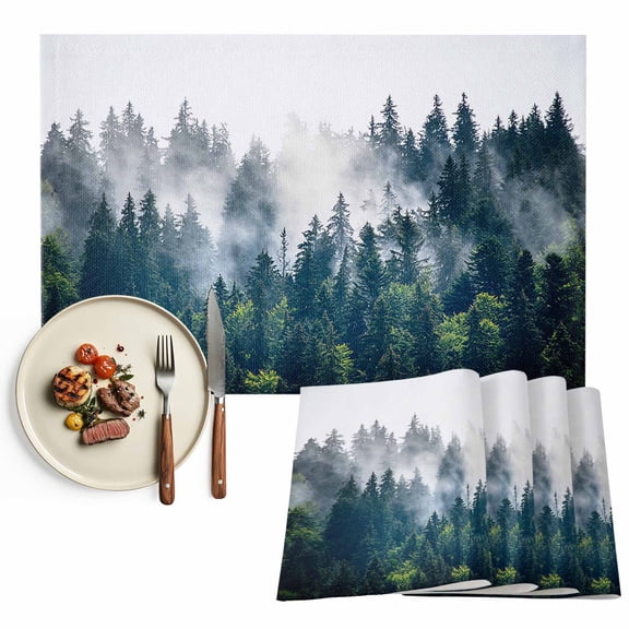 Placemats Set of 4, Misty Forest Place Mats Green Trees Mountain Landscape Tablemats Washable Placemat Table Decoration for Kitchen Table Dinner Party Home Decor Indoor Outdoor 13x19 Inch