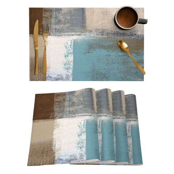 Placemats Set of 4, Modern Blue Woven Placemat, Linen Place Mats for Kitchen/Dining Tables, Rustic Mottled Oil Painting Texture Washable Table Mats for Party