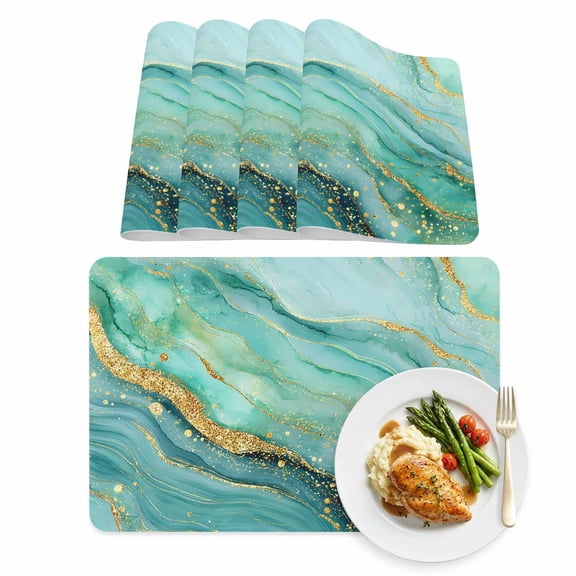 Placemats Set of 4, Modern Marble Texture Faux Leather Placemat Waterproof Oil-Proof Table Mats 12x18in, Abstract Turquoise Gold Stone Style Washable Place Mats for Kitchen Dining Table Party