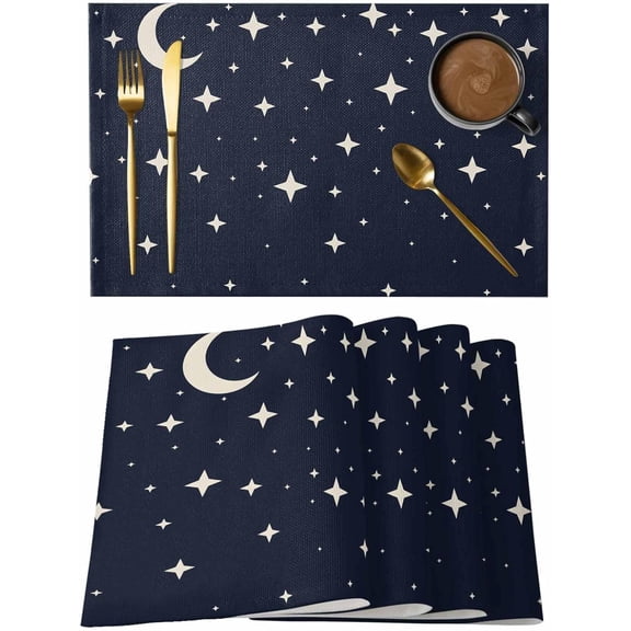 Placemats Set of 4, Modern Navy Blue Washable Wipeable Table Mats for Dining Tables, Japanese Style Moon Stars Minimalism Indoor Outdoor Waterproof Kitchen Place Mats for Holiday Table Decor