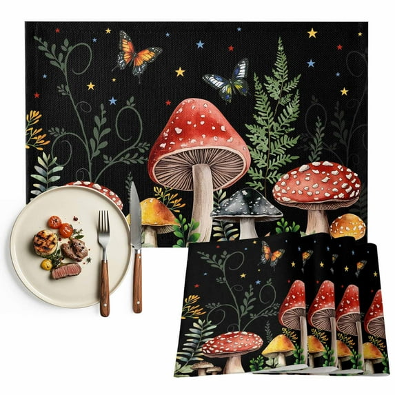 Placemats Set of 4, Mushrooms Place Mats Butterflies Plant Stars Black Tablemats Washable Placemat Table Decoration for Kitchen Table Dinner Party Home Decor Indoor Outdoor 13x19 Inch