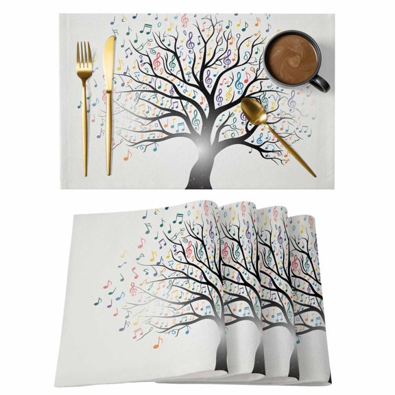 Placemats Set of 4, Music Tree Woven Placemat, Linen Place Mats for Kitchen/Dining Tables, Modern Abstract Art Note Branches Washable Table Mats for Party