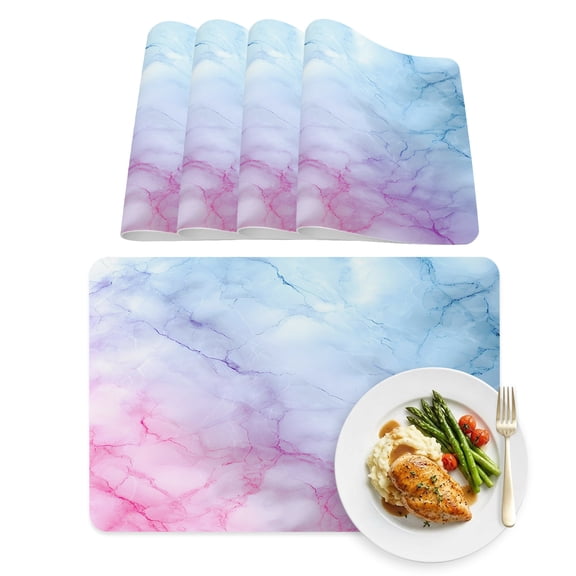 Placemats Set of 4, Natural Marble Agate Stone Texture Faux Leather Placemat Waterproof Oil-Proof Wipeable Table Mats 12x18in, Pink Blue Gradient Washable Place Mats for Kitchen Dining Table Party