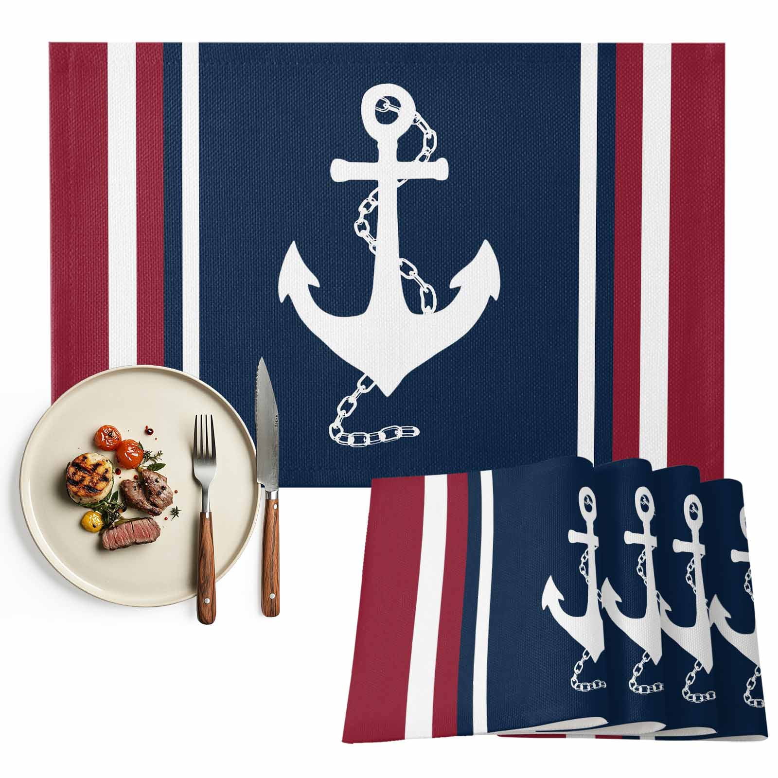Placemats Set of 4, Nautical Anchor Placemats Set of 4, Navy Blue Red Stripes Tablemats Washable Placemat Table Decoration for Kitchen Table Dinner Party Home Decor Indoor Outdoor 13x19 Inch