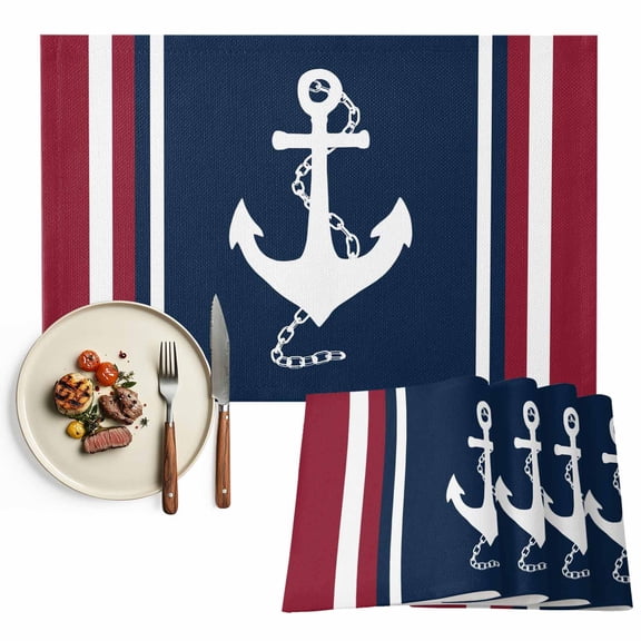 Placemats Set of 4, Nautical Anchor Placemats Set of 4, Navy Blue Red Stripes Tablemats Washable Placemat Table Decoration for Kitchen Table Dinner Party Home Decor Indoor Outdoor 13x19 Inch
