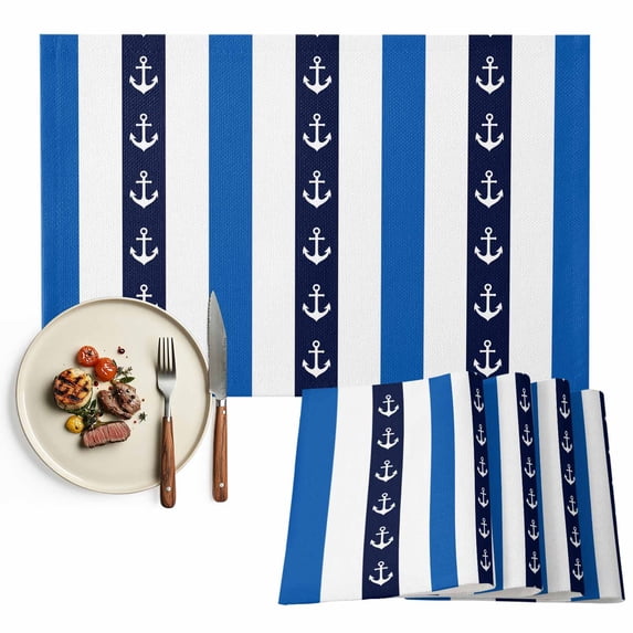 Placemats Set of 4, Nautical Anchor Stripes Place Mats Blue White Striped Tablemats Washable Placemat Table Decoration for Kitchen Table Dinner Party Home Decor Indoor Outdoor 13x19 Inch