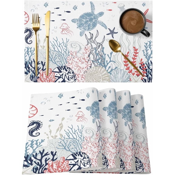 Placemats Set of 4, Navy Blue Coastal Washable Wipeable Table Mats for Dining Tables, Coral Turtle Starfish Jellyfish Indoor Outdoor Waterproof Kitchen Place Mats for Holiday Table Decor