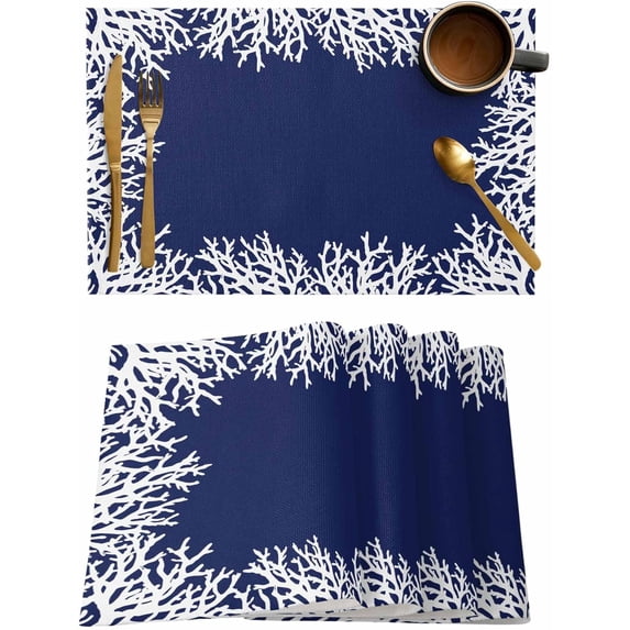 Placemats Set of 4, Navy Blue Coral Place Mats Coastal Marine Life Tablemats Washable Placemat Table Decoration for Kitchen Table Dinner Party Home Decor Indoor Outdoor 12x18 Inch