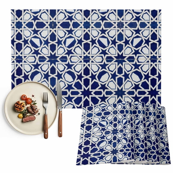 Placemats Set of 4, Navy Blue Floral Stripes Place Mats Geometric Morocco Art Tablemats Washable Placemat Table Decoration for Kitchen Table Dinner Party Home Decor Indoor Outdoor 13x19 Inch
